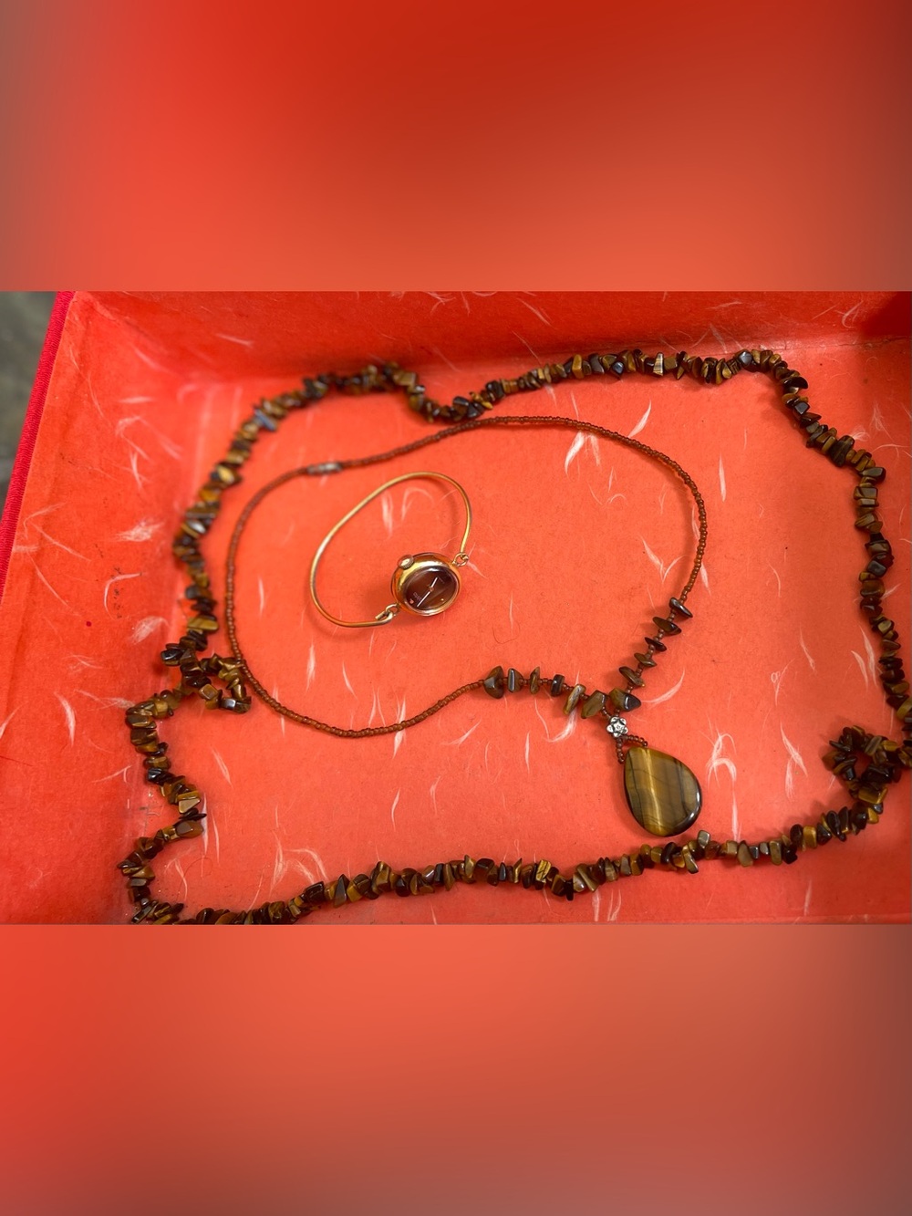 Gold-Tone Tiger's Eye Watch and Vintage Necklace Set